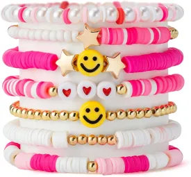 Preppy Bracelets Set Colorful White Gold Smile Heart Star Polymer Beaded Pearl Clay Stackable Charm Y2K Kidcore Aesthetic Summer Beach Bohemian Stretch Layering Bracelets Jewelry for Girls Women Teens