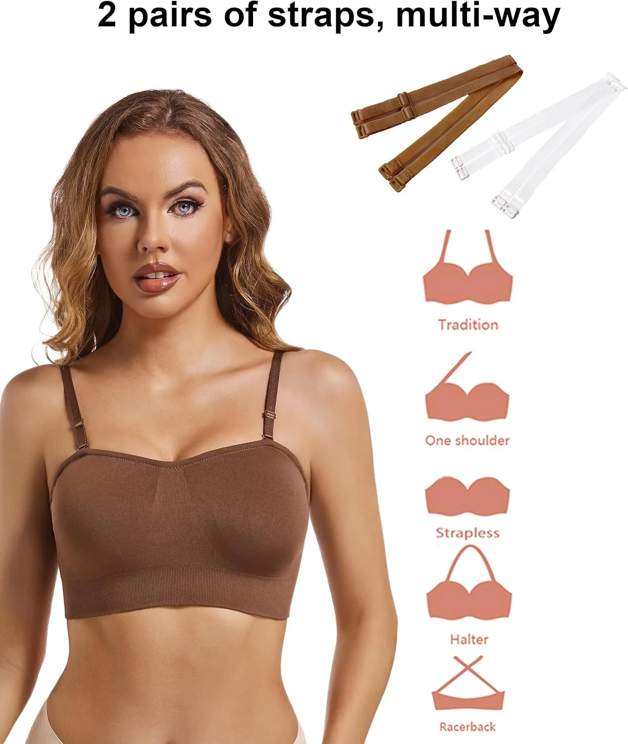 PRETTYWELL Strapless Bra for Women Comfort Non-Slip Seamless Padded Bandeau Bras Wireless Tube Top Bra with Multi-Way Straps