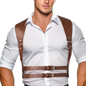 Punk Mens Leather Chest Harness Brown Shoulder Buckle Straps Adjustable