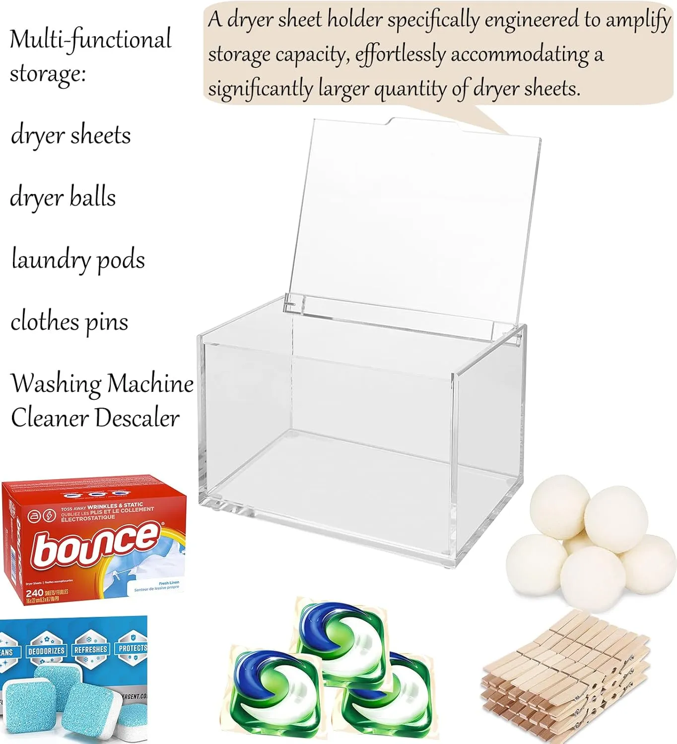 rejomiik Thick Acrylic Dryer Sheet Holder Clear Container for Laundry Room Organize and Storage, Dispenser for Dryer Sheets, Fabric Softener, Large