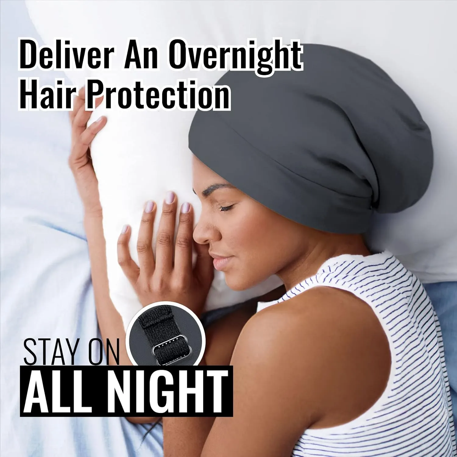 Satin Lined Sleep Cap Bonnet for Curly Hair and Braids, Stay On All Night Hair Wrap with Adjustable Strap for Women and Men, Black Grey, Pack of 1