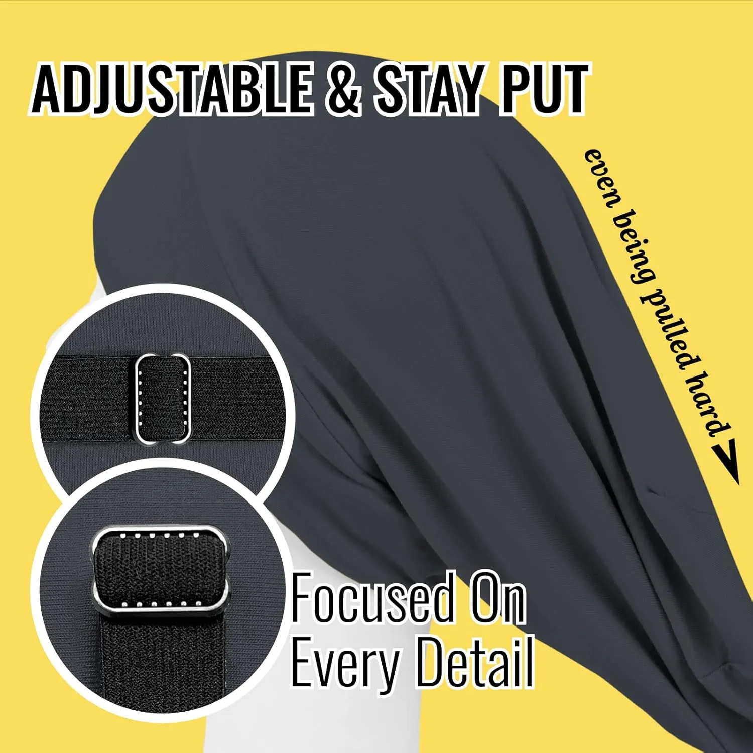 Satin Lined Sleep Cap Bonnet for Curly Hair and Braids, Stay On All Night Hair Wrap with Adjustable Strap for Women and Men, Black Grey, Pack of 1