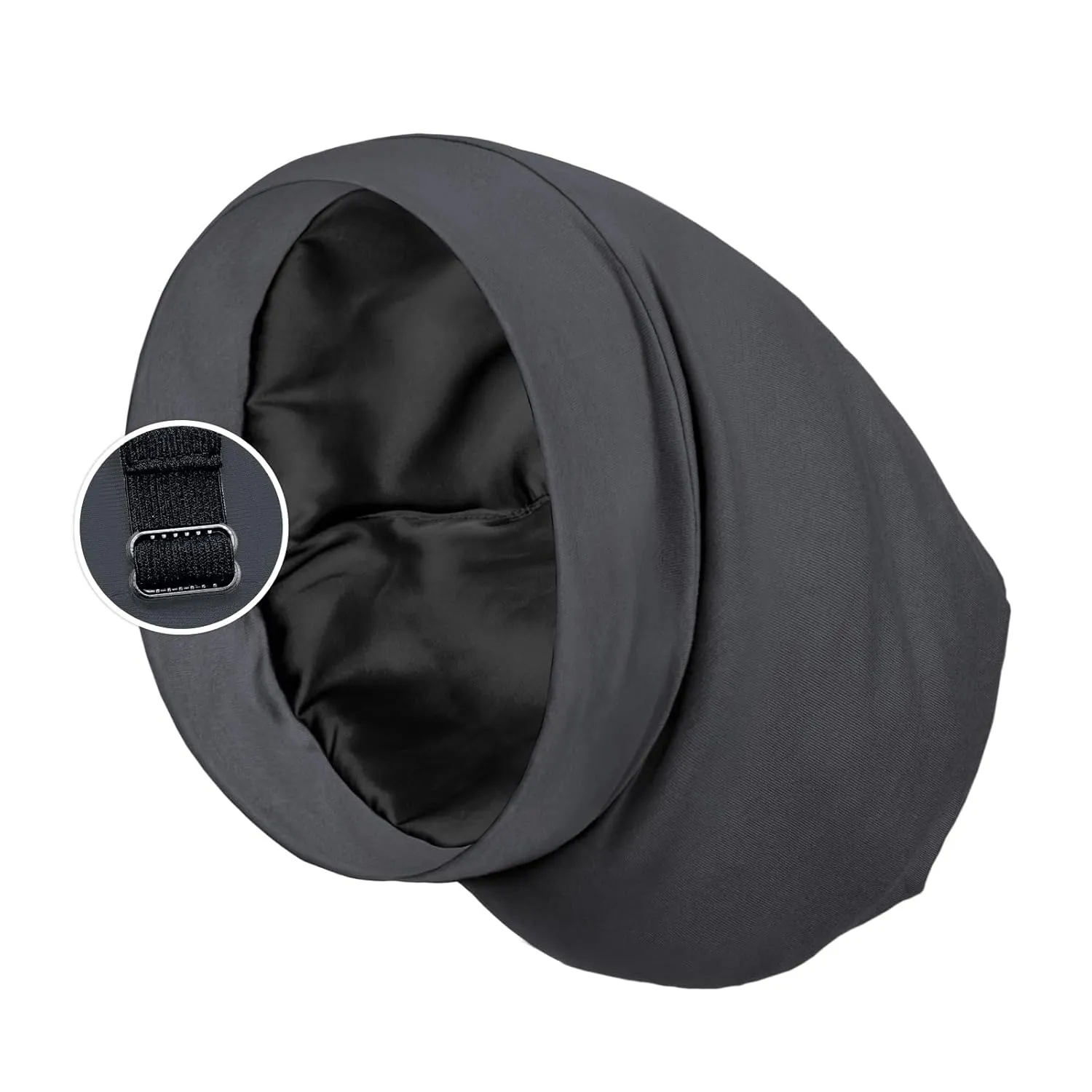 Satin Lined Sleep Cap Bonnet for Curly Hair and Braids, Stay On All Night Hair Wrap with Adjustable Strap for Women and Men, Black Grey, Pack of 1