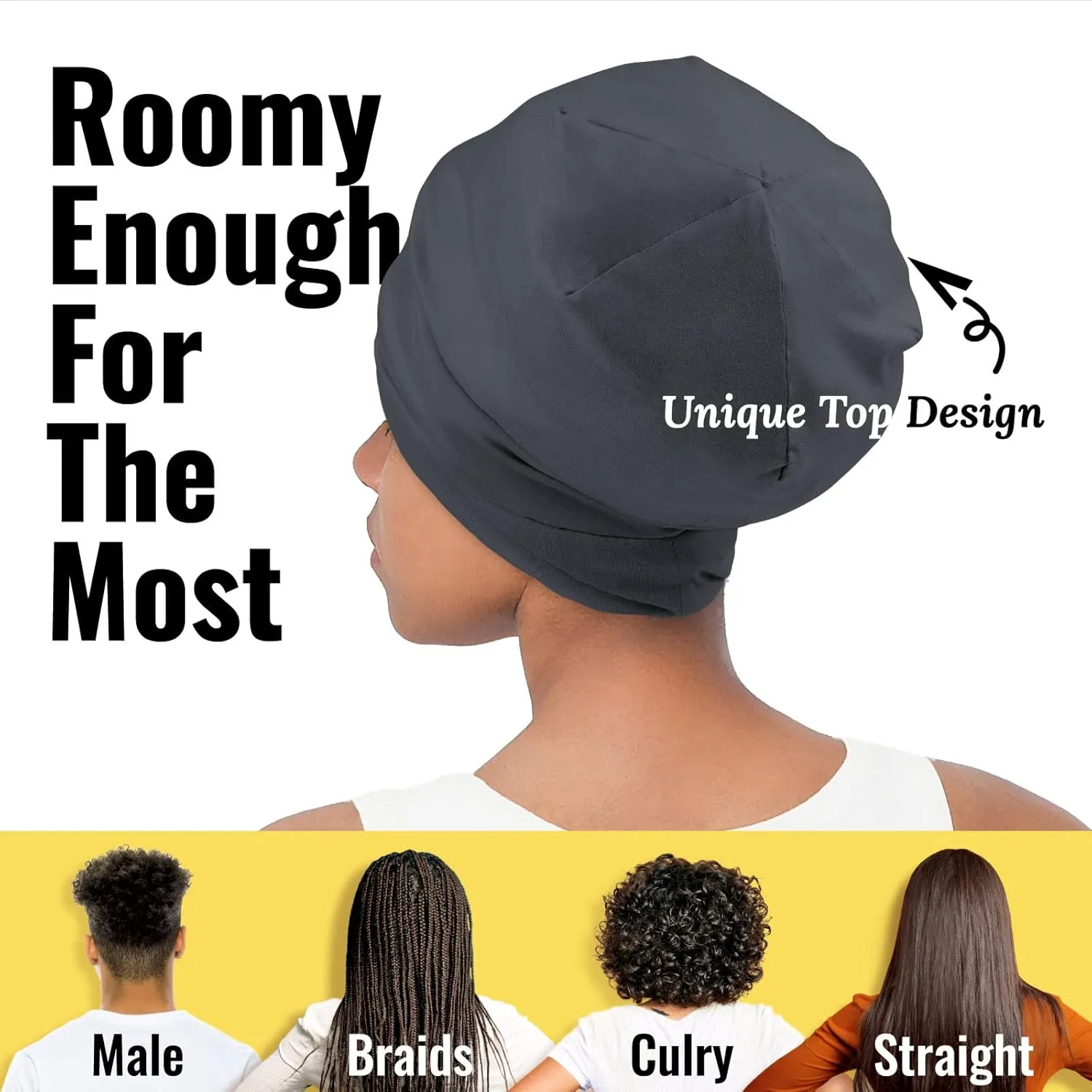 Satin Lined Sleep Cap Bonnet for Curly Hair and Braids, Stay On All Night Hair Wrap with Adjustable Strap for Women and Men, Black Grey, Pack of 1