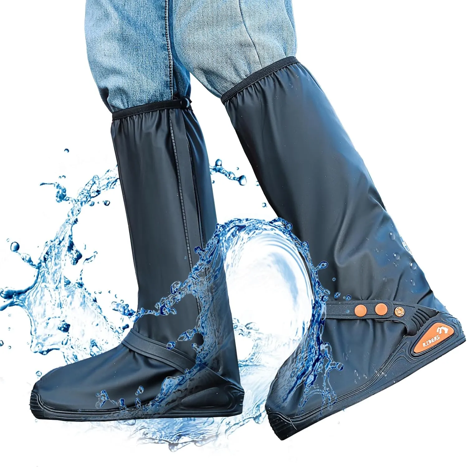 Shoe Covers Waterproof - with Zipper Hard Sole, Reusable Rain Boot Shoe Cover, Non-Slip with Reflector Foldable (BLACK, X-Large)