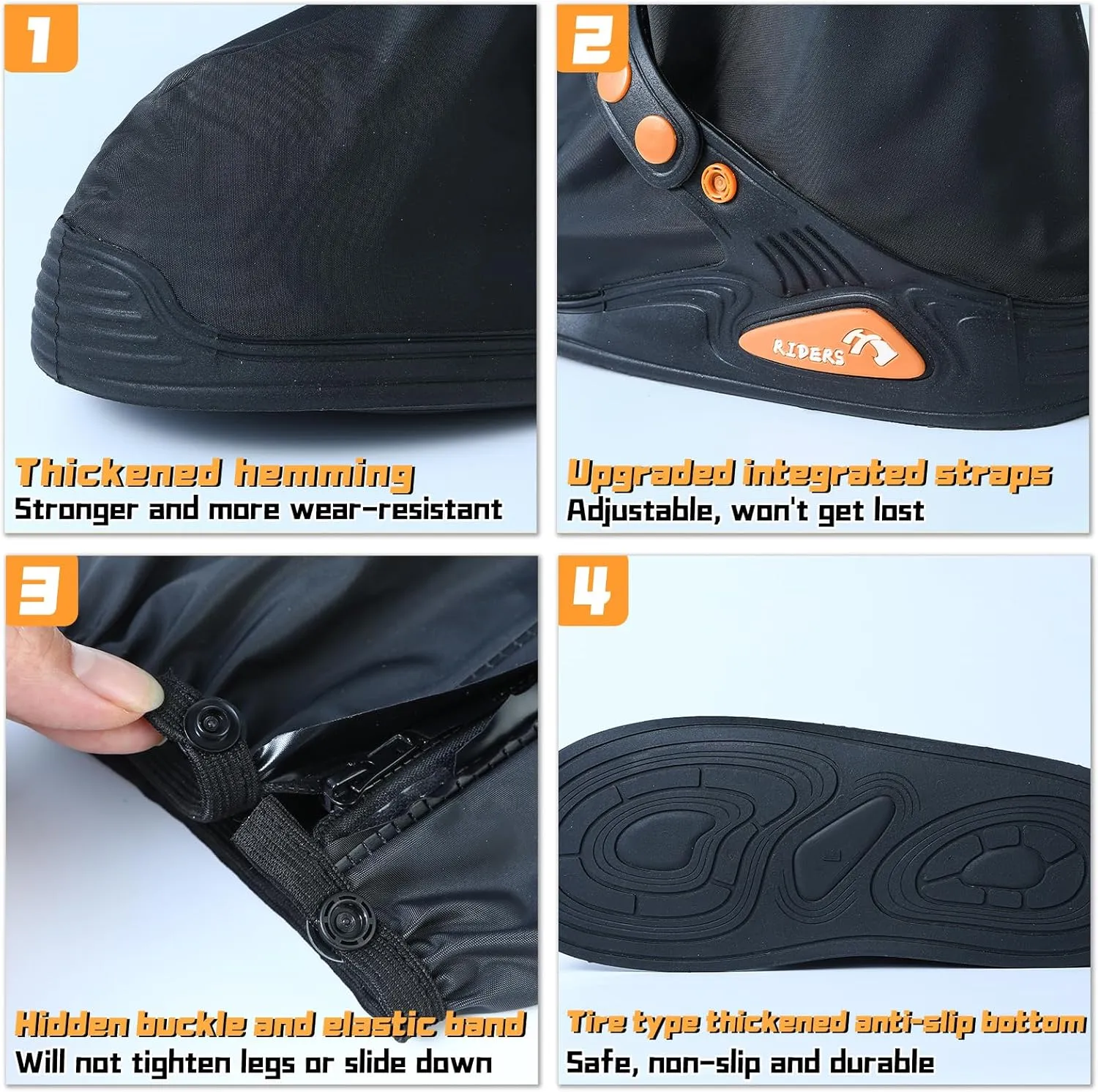Shoe Covers Waterproof - with Zipper Hard Sole, Reusable Rain Boot Shoe Cover, Non-Slip with Reflector Foldable (BLACK, X-Large)