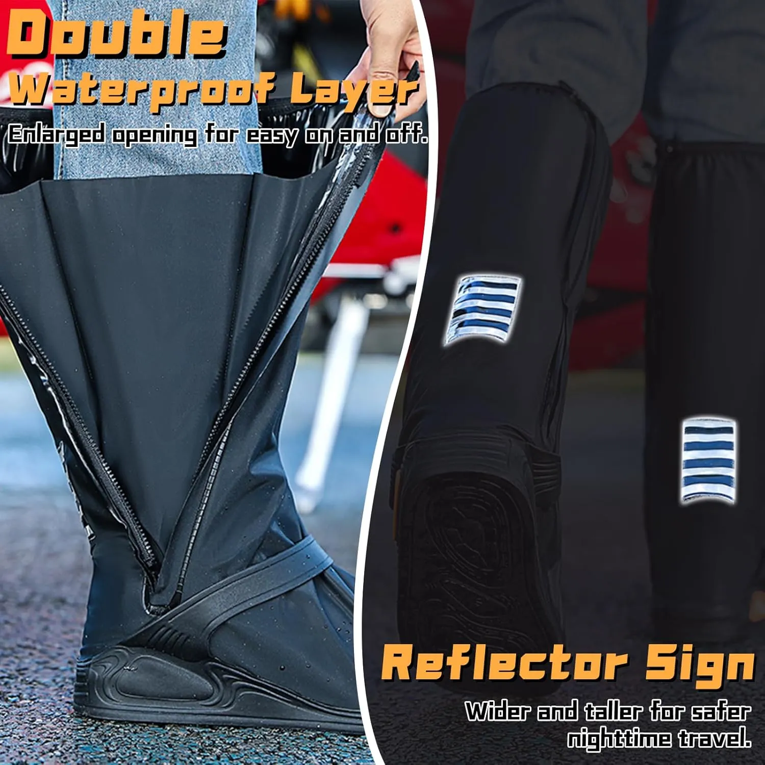 Shoe Covers Waterproof - with Zipper Hard Sole, Reusable Rain Boot Shoe Cover, Non-Slip with Reflector Foldable (BLACK, X-Large)