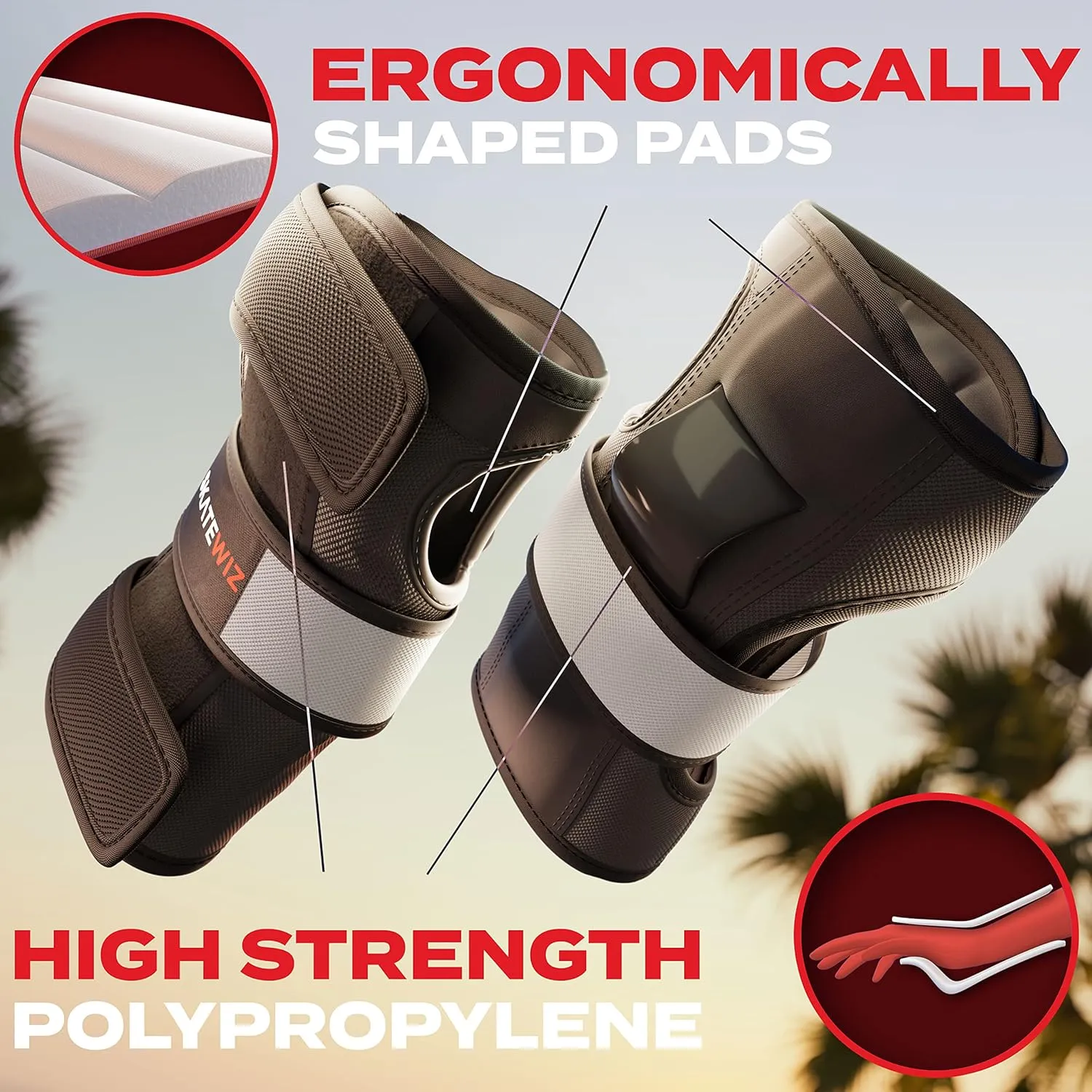 SKATEWIZ Knee and Elbow Pads Adult - Roller Skating Protective Gear Adult Knee and Elbow Pads Set with Wrist Pads - SHIELD - Size M Grey White - Roller Skate Protective Gear for Women & Men