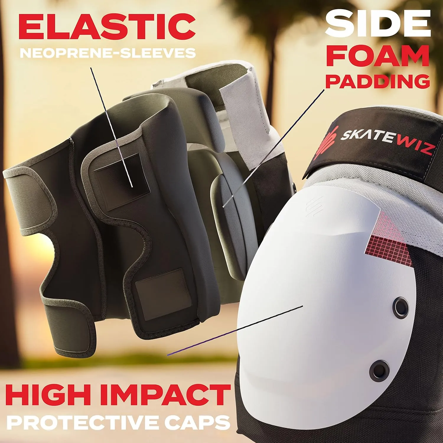 SKATEWIZ Knee and Elbow Pads Adult - Roller Skating Protective Gear Adult Knee and Elbow Pads Set with Wrist Pads - SHIELD - Size M Grey White - Roller Skate Protective Gear for Women & Men