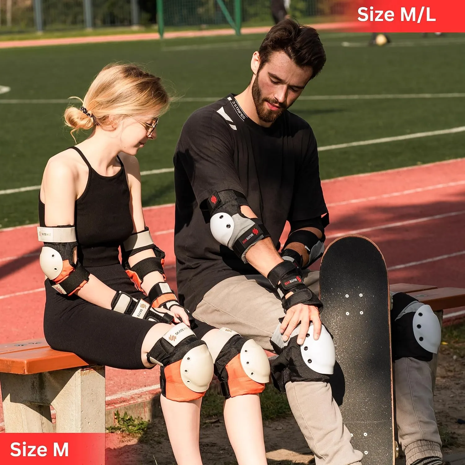 SKATEWIZ Knee and Elbow Pads Adult - Roller Skating Protective Gear Adult Knee and Elbow Pads Set with Wrist Pads - SHIELD - Size M Grey White - Roller Skate Protective Gear for Women & Men