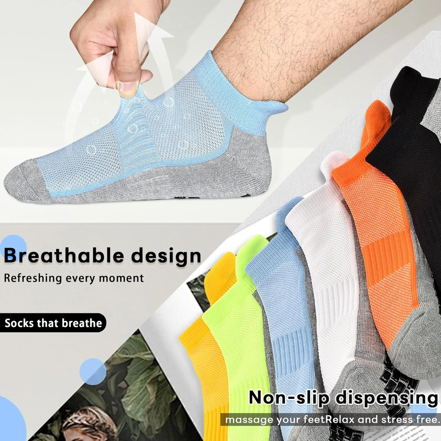 SkiBeaut Men Grips Socks, Ankle Low Cut Non Slip Cushion 3 Pairs Pilates Yoga Hospital Skid Grippers Man Socks(8-12)
