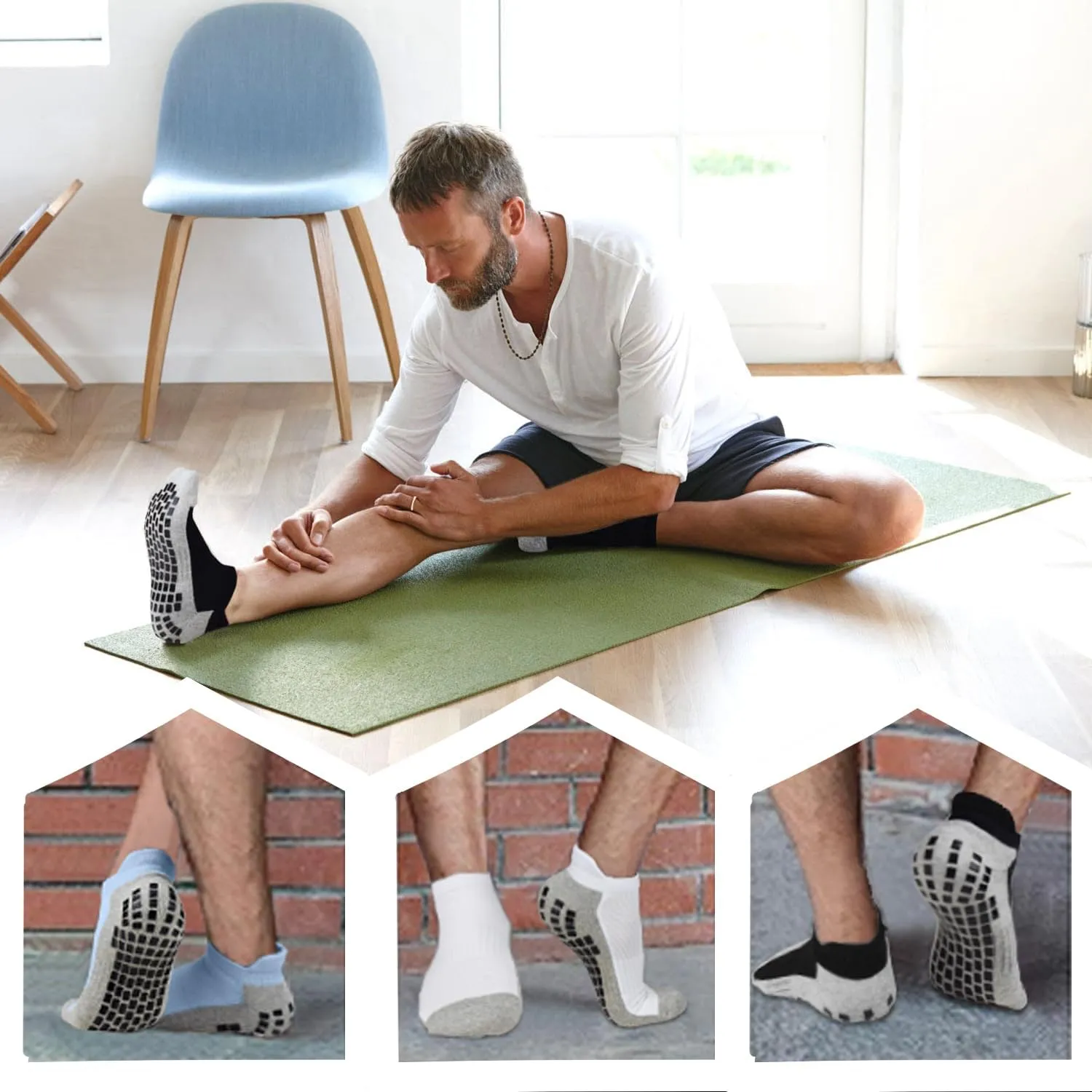 SkiBeaut Men Grips Socks, Ankle Low Cut Non Slip Cushion 3 Pairs Pilates Yoga Hospital Skid Grippers Man Socks(8-12)