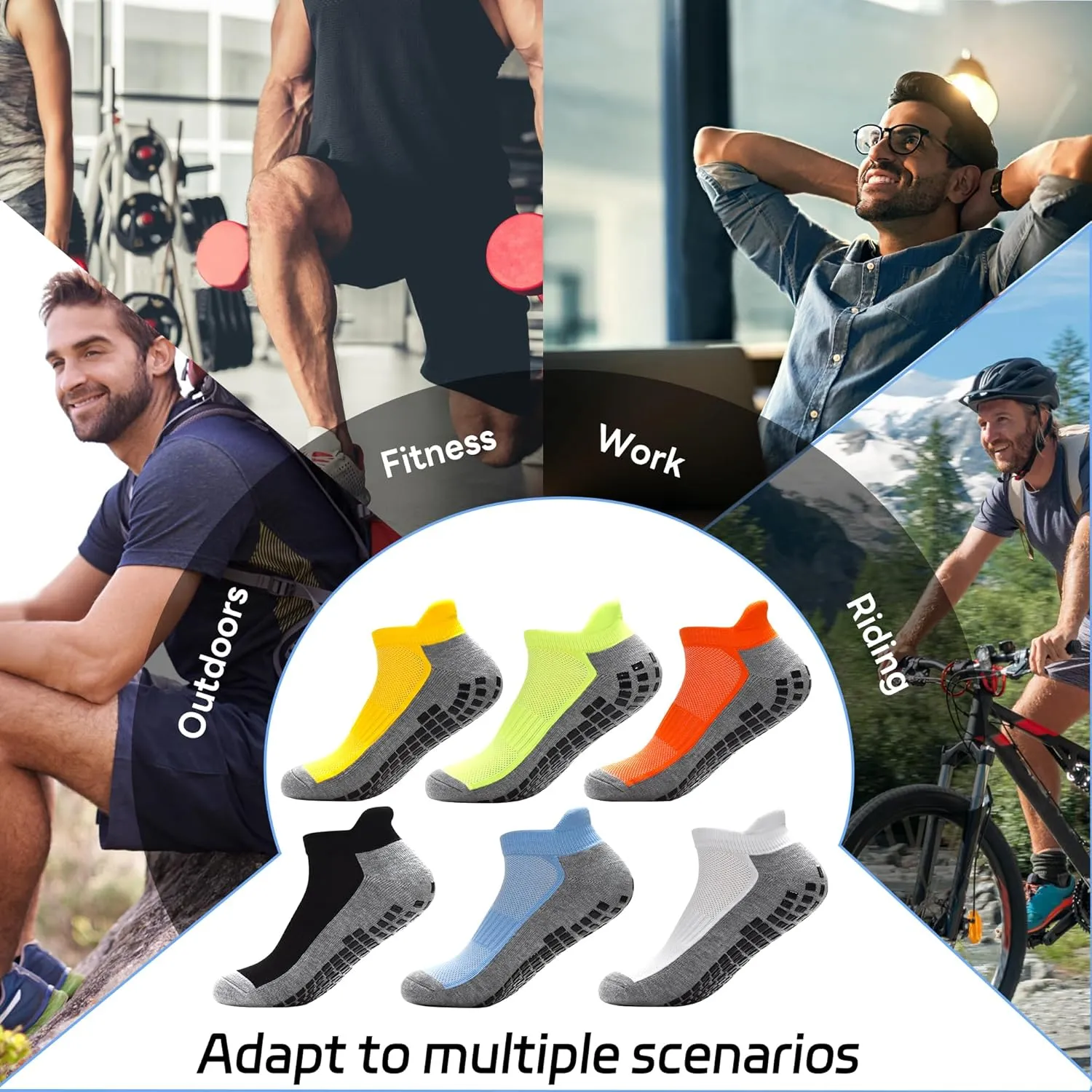 SkiBeaut Men Grips Socks, Ankle Low Cut Non Slip Cushion 3 Pairs Pilates Yoga Hospital Skid Grippers Man Socks(8-12)