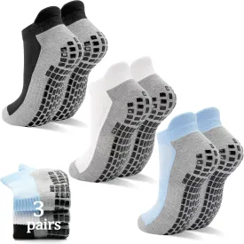 SkiBeaut Men Grips Socks, Ankle Low Cut Non Slip Cushion 3 Pairs Pilates Yoga Hospital Skid Grippers Man Socks(8-12)