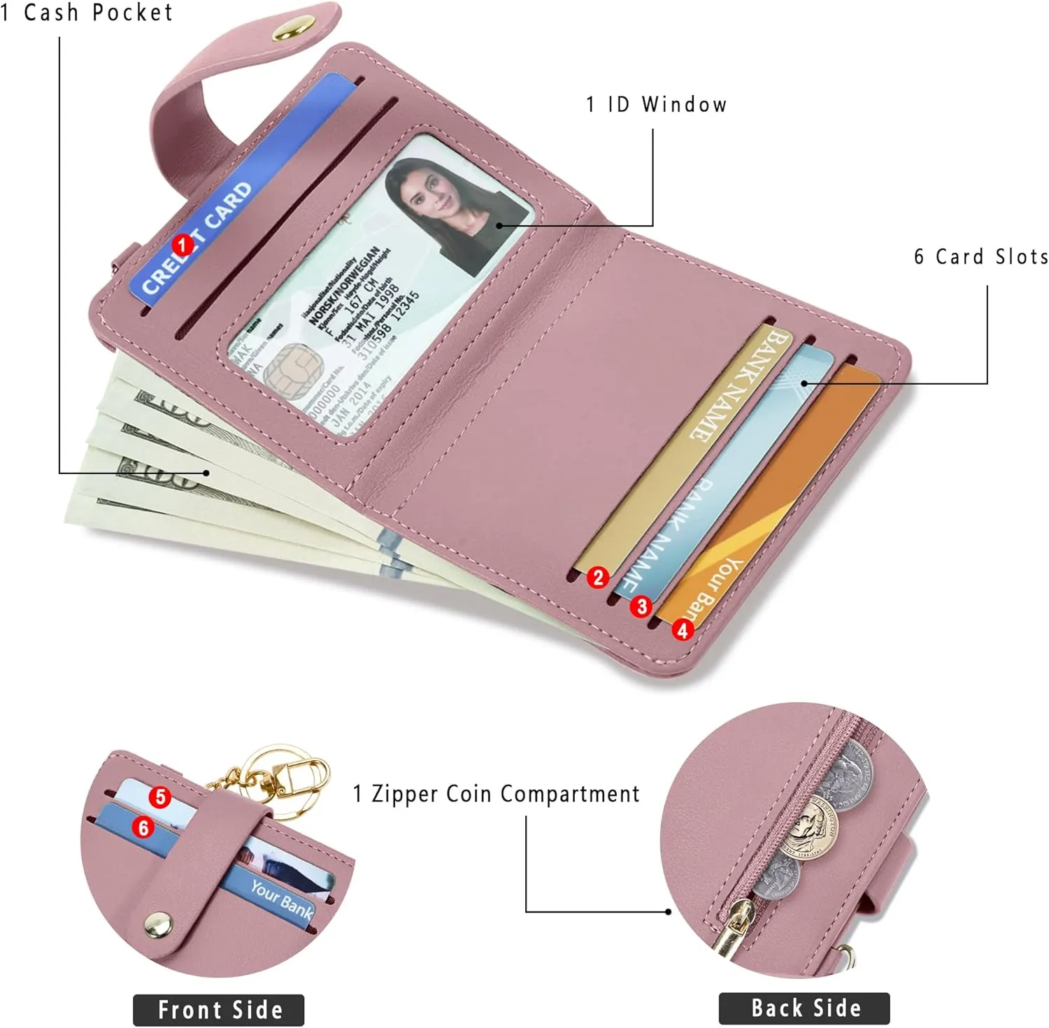 Small Wallets Woman RFID Blocking Leather Credit Card Holder - with ID Window - Card Wallets for Women - with Zipper Coin Purse - Keychain Wallet