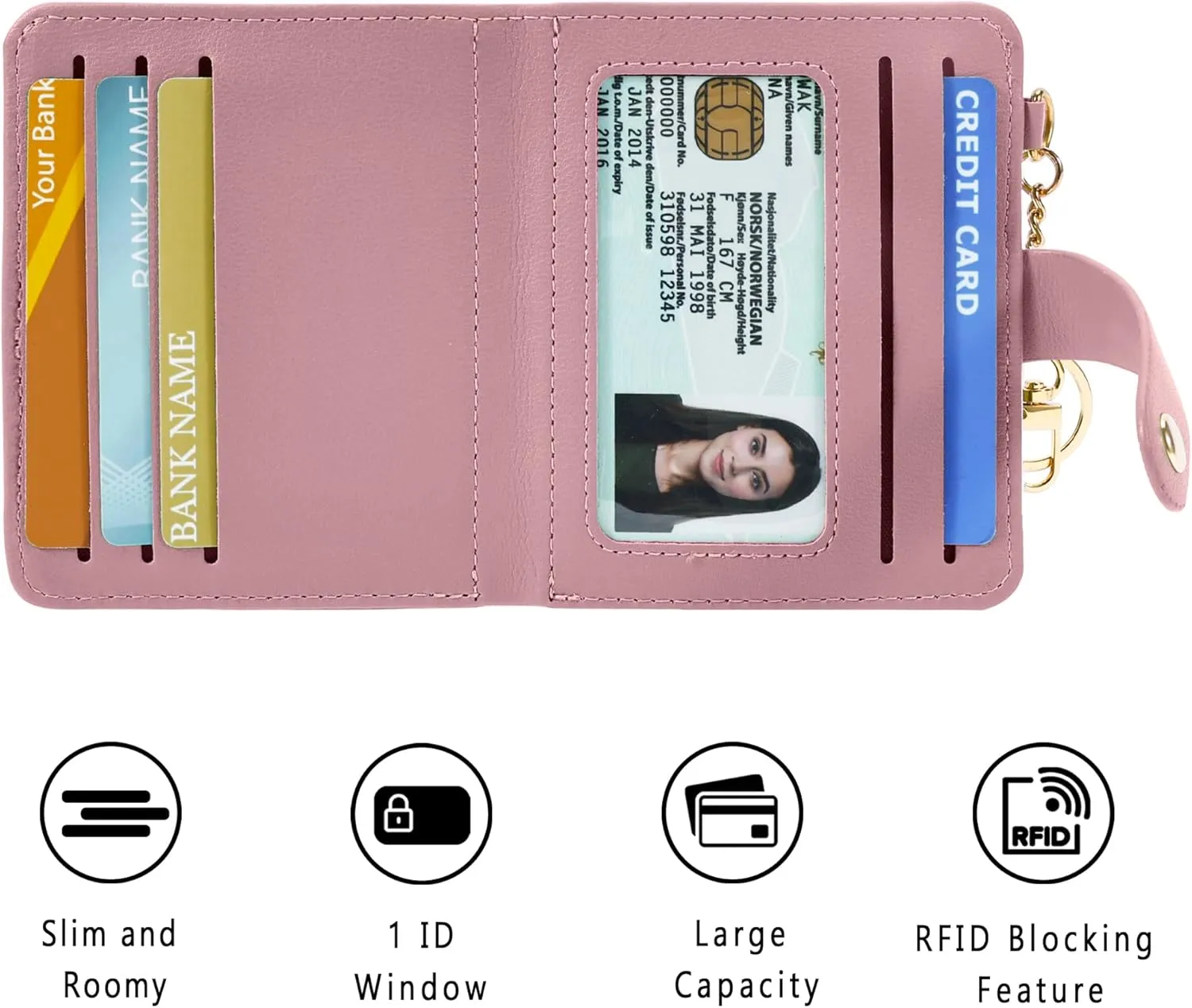 Small Wallets Woman RFID Blocking Leather Credit Card Holder - with ID Window - Card Wallets for Women - with Zipper Coin Purse - Keychain Wallet