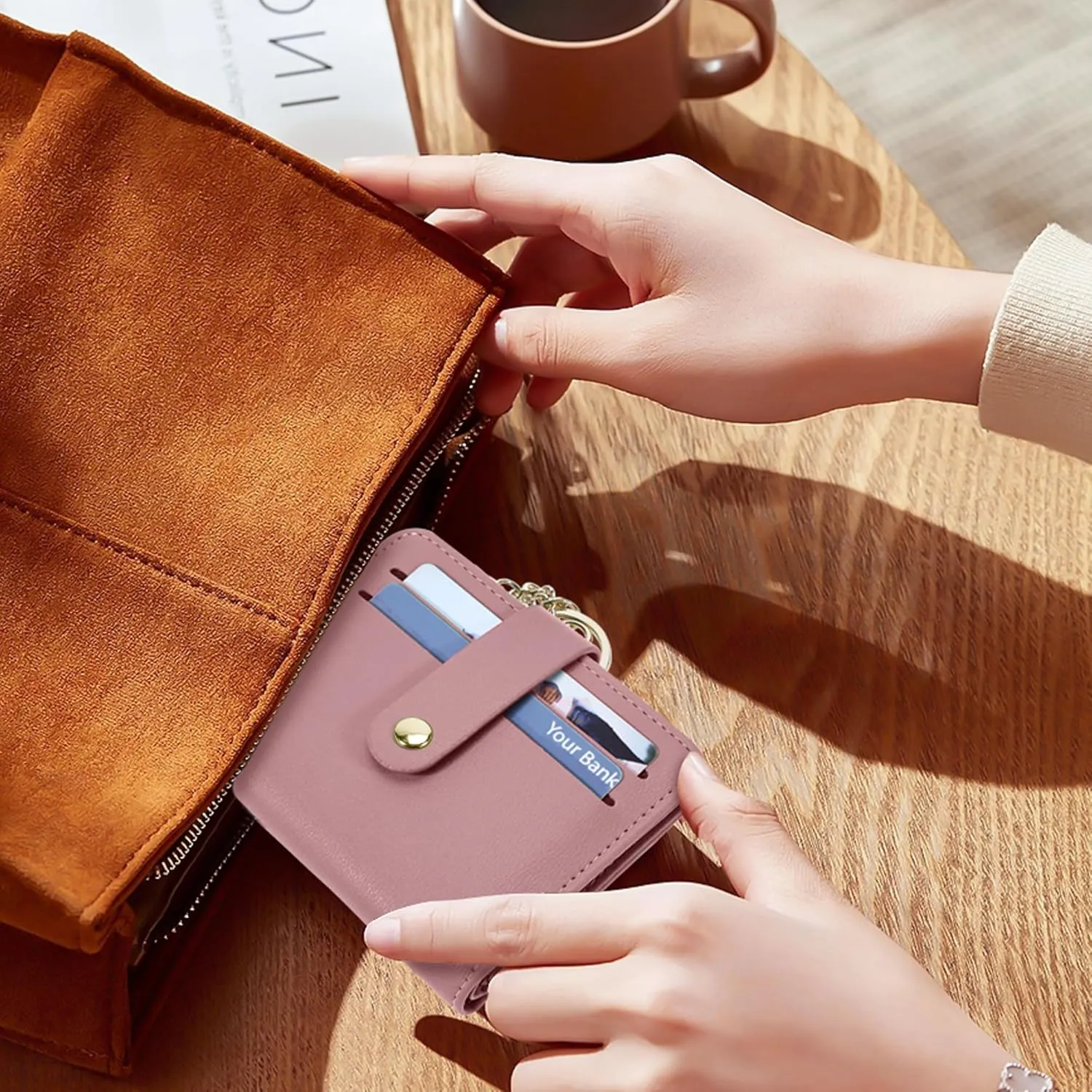 Small Wallets Woman RFID Blocking Leather Credit Card Holder - with ID Window - Card Wallets for Women - with Zipper Coin Purse - Keychain Wallet