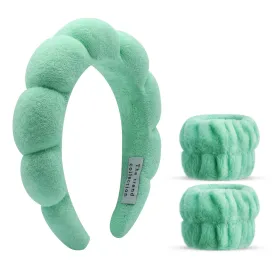 Spa Headbands for Washing Face, Makeup and Skincare. 3 Pc Set of Skin Care Head band with Wristbands. Puffy Terry Cloth, Non Slip Get Ready Hairband for Women, Teens, Girls. Cute Hair Accessories.