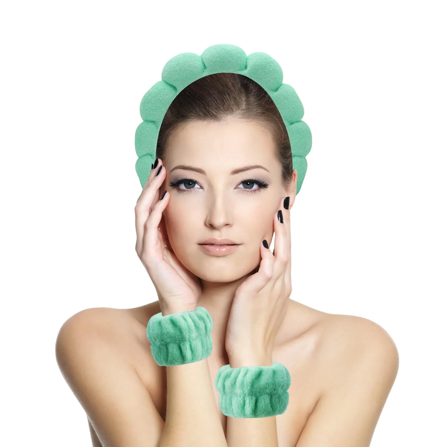 Spa Headbands for Washing Face, Makeup and Skincare. 3 Pc Set of Skin Care Head band with Wristbands. Puffy Terry Cloth, Non Slip Get Ready Hairband for Women, Teens, Girls. Cute Hair Accessories.