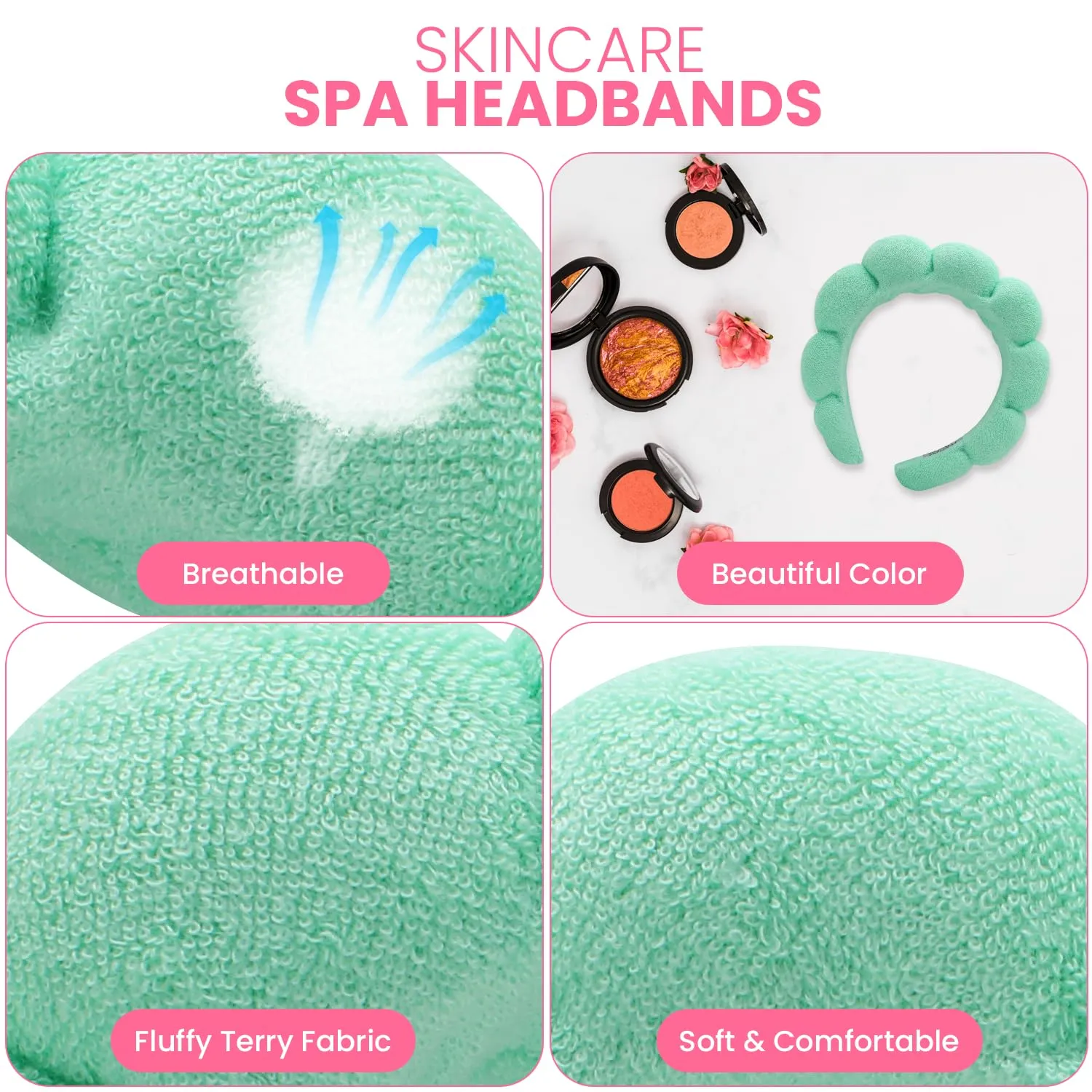 Spa Headbands for Washing Face, Makeup and Skincare. 3 Pc Set of Skin Care Head band with Wristbands. Puffy Terry Cloth, Non Slip Get Ready Hairband for Women, Teens, Girls. Cute Hair Accessories.