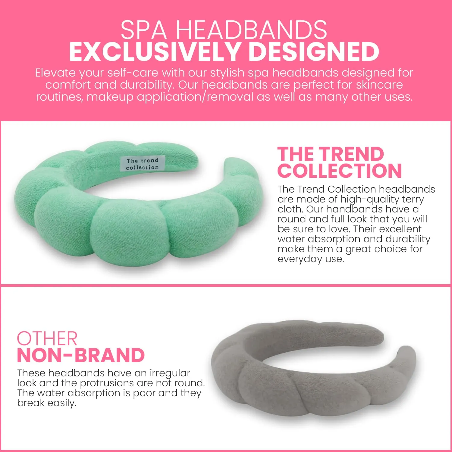 Spa Headbands for Washing Face, Makeup and Skincare. 3 Pc Set of Skin Care Head band with Wristbands. Puffy Terry Cloth, Non Slip Get Ready Hairband for Women, Teens, Girls. Cute Hair Accessories.
