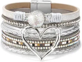 Suyi Multilayer Leather Wrap Bracelet Heart-Shape Wide Cuff Bracelets for Women