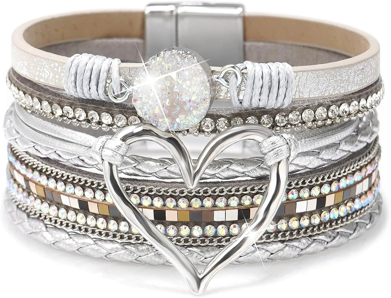 Suyi Multilayer Leather Wrap Bracelet Heart-Shape Wide Cuff Bracelets for Women