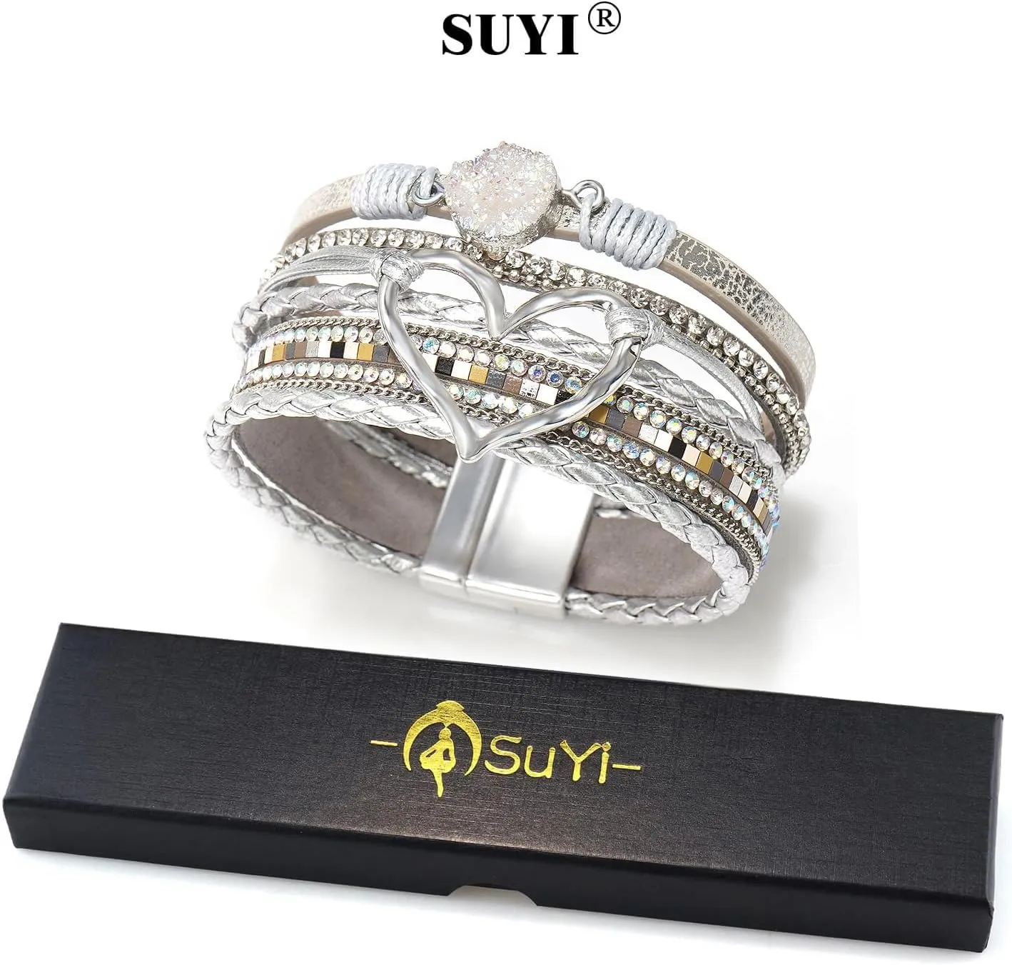 Suyi Multilayer Leather Wrap Bracelet Heart-Shape Wide Cuff Bracelets for Women