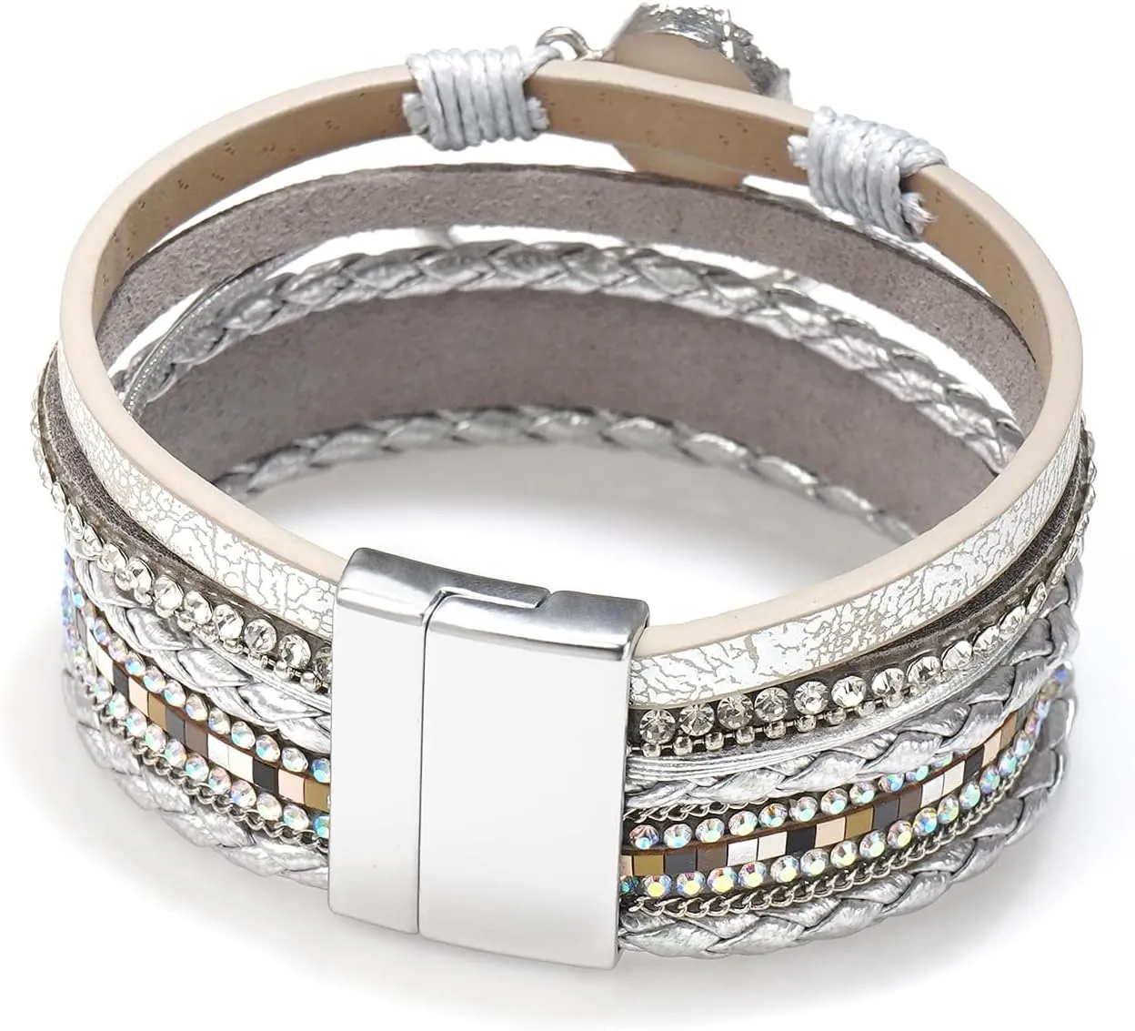 Suyi Multilayer Leather Wrap Bracelet Heart-Shape Wide Cuff Bracelets for Women