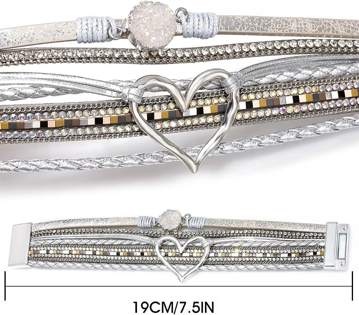 Suyi Multilayer Leather Wrap Bracelet Heart-Shape Wide Cuff Bracelets for Women