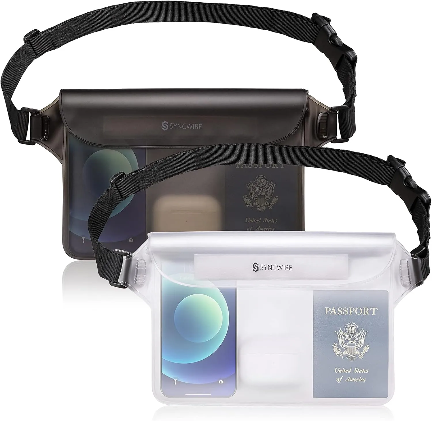 SYNCWIRE Waterproof Pouch Bag with Adjustable Waist Strap (2 Pack) - IP68 Waterproof Waist Bag Screen Touchable Dry Bag with Adjustable Belt for Beach, Swimming, Boating, Fishing, Hiking, etc