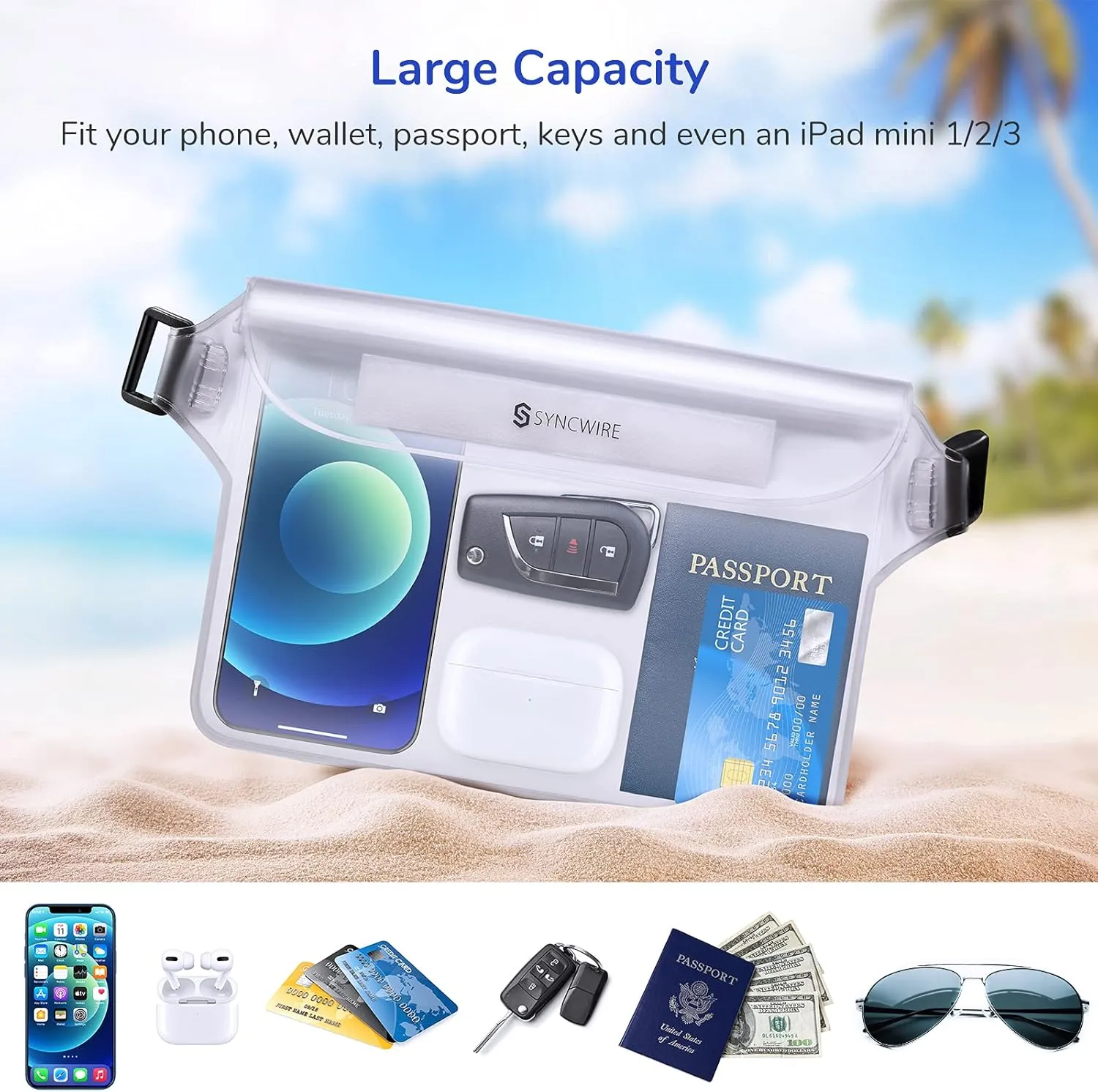 SYNCWIRE Waterproof Pouch Bag with Adjustable Waist Strap (2 Pack) - IP68 Waterproof Waist Bag Screen Touchable Dry Bag with Adjustable Belt for Beach, Swimming, Boating, Fishing, Hiking, etc