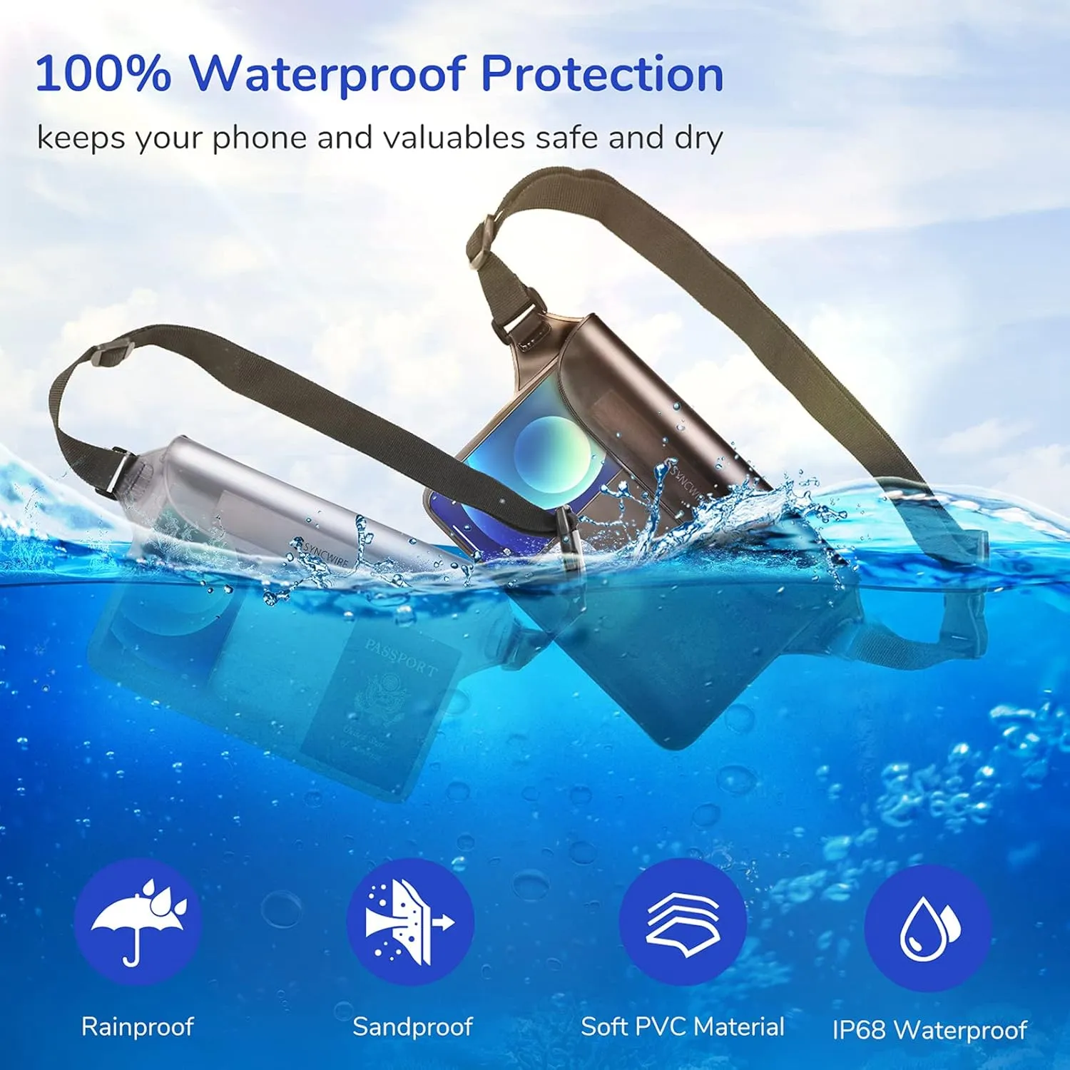 SYNCWIRE Waterproof Pouch Bag with Adjustable Waist Strap (2 Pack) - IP68 Waterproof Waist Bag Screen Touchable Dry Bag with Adjustable Belt for Beach, Swimming, Boating, Fishing, Hiking, etc