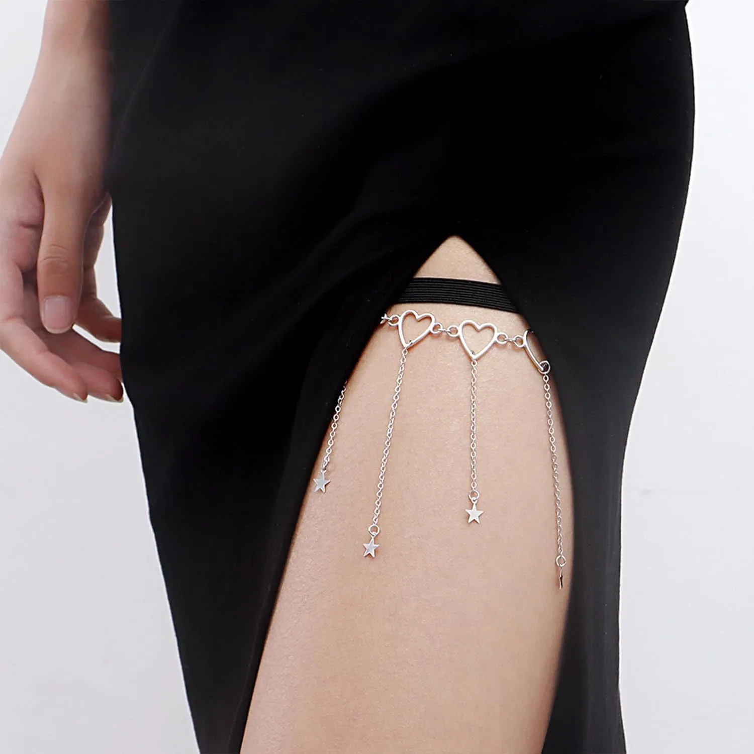 Thigh Chain Sexy Metal Chain Love Tassel Star Thigh Chain, Gold Silver Elastic Band Leg Ring