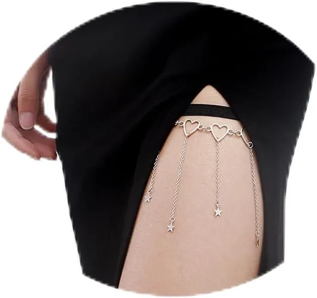 Thigh Chain Sexy Metal Chain Love Tassel Star Thigh Chain, Gold Silver Elastic Band Leg Ring