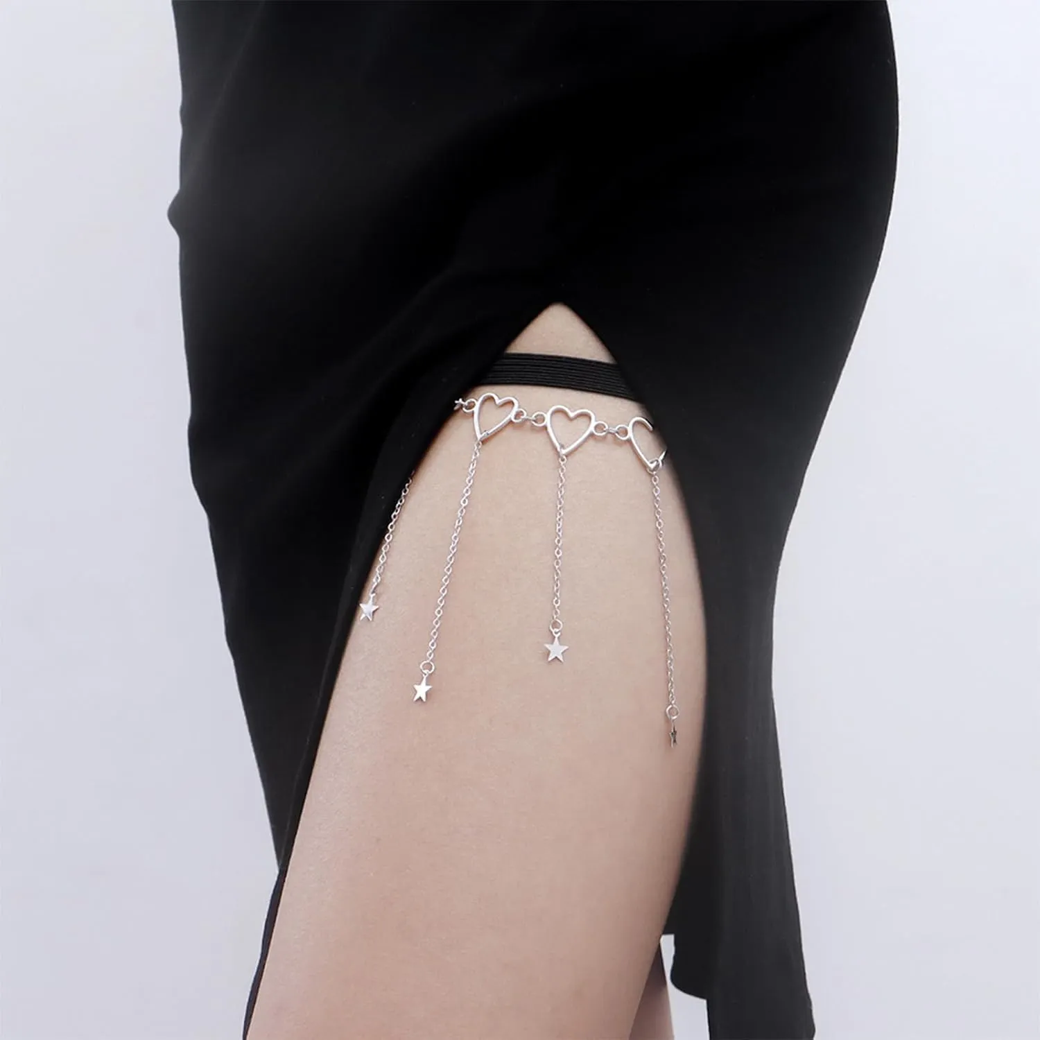 Thigh Chain Sexy Metal Chain Love Tassel Star Thigh Chain, Gold Silver Elastic Band Leg Ring