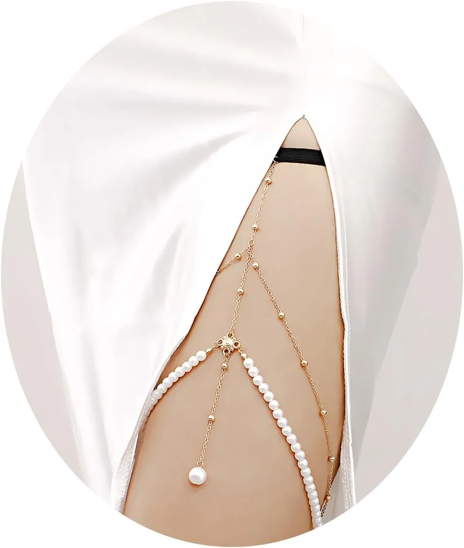 Thigh Chain Sexy Simulation Pearl Pendant Leg Chain Gold Silver Elastic Rope Versatile Women's Leg Rings Suitable for Parties