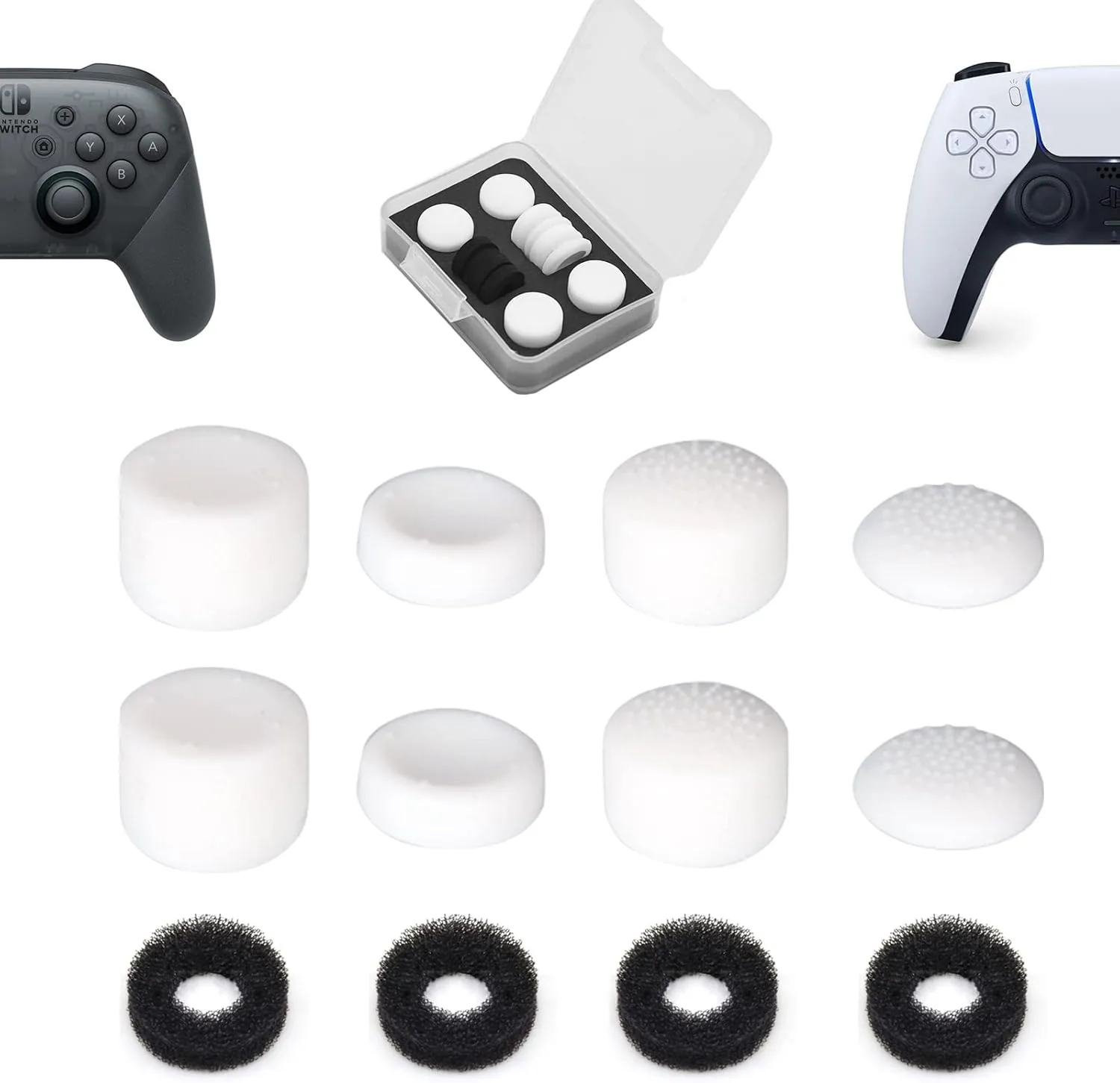 Thumb Grip Controller Gamepad Raised Antislip Thumb Stick Grips Thumbsticks Joystick Cap for PS5/4,Switch Pro Controller-Precision Rings(4pcs),Storage Case,Thumb Grips(8pcs),White Set