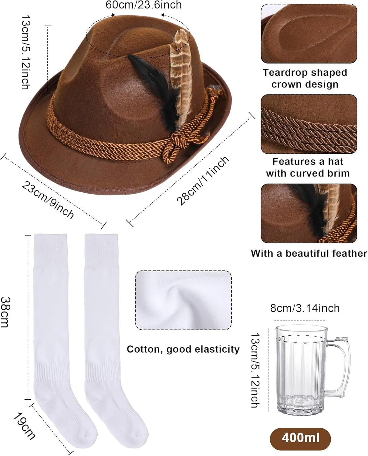 Toulite German Oktoberfest Costume Set Men Lederhosen Outfit Plaid Shirt Bavarian Hat Socks Beer Mug for Festival