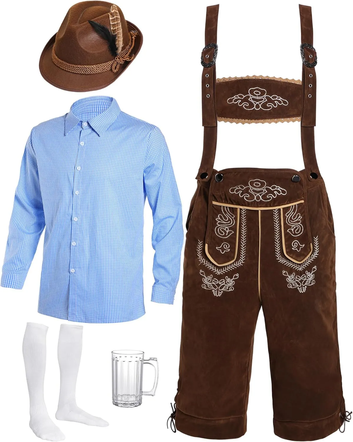 Toulite German Oktoberfest Costume Set Men Lederhosen Outfit Plaid Shirt Bavarian Hat Socks Beer Mug for Festival
