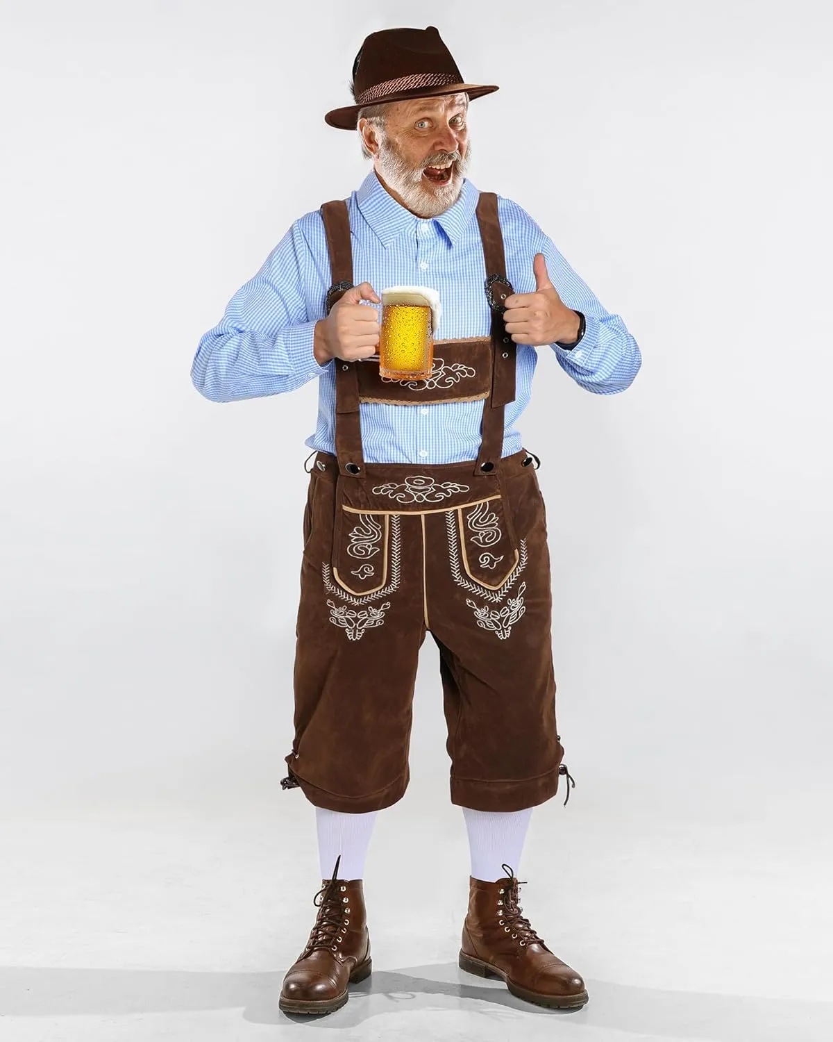 Toulite German Oktoberfest Costume Set Men Lederhosen Outfit Plaid Shirt Bavarian Hat Socks Beer Mug for Festival