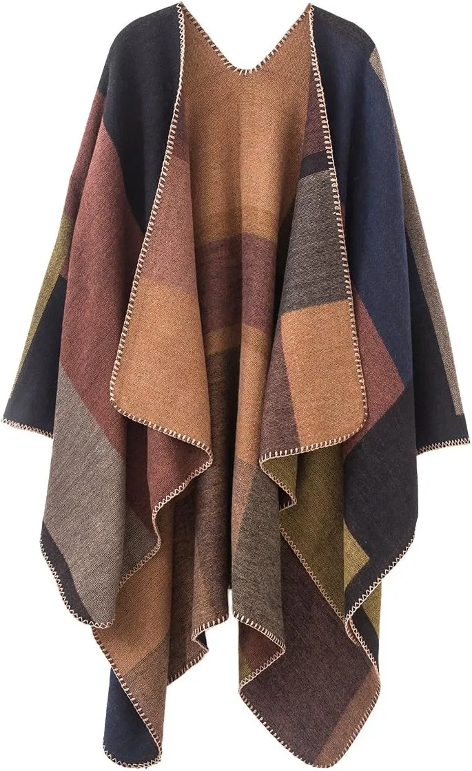 Urban CoCo Women's Color Block Shawl Wrap Open Front Poncho Cape