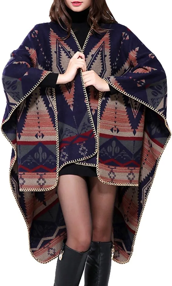 Urban CoCo Women's Color Block Shawl Wrap Open Front Poncho Cape