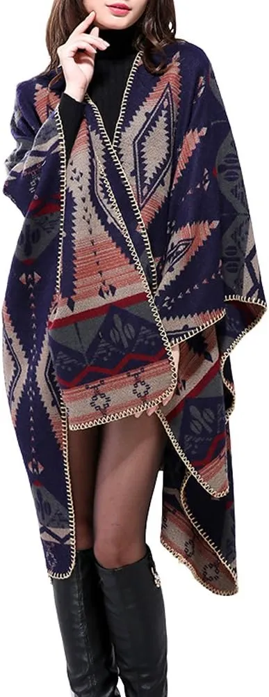 Urban CoCo Women's Color Block Shawl Wrap Open Front Poncho Cape