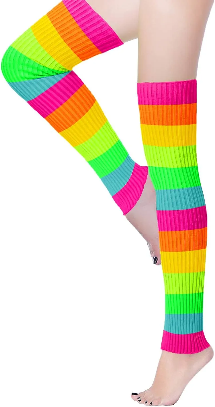 v28 Women Warm Leg Warmers 80s Retro Party Costume Knit Ballet Neon Long Socks