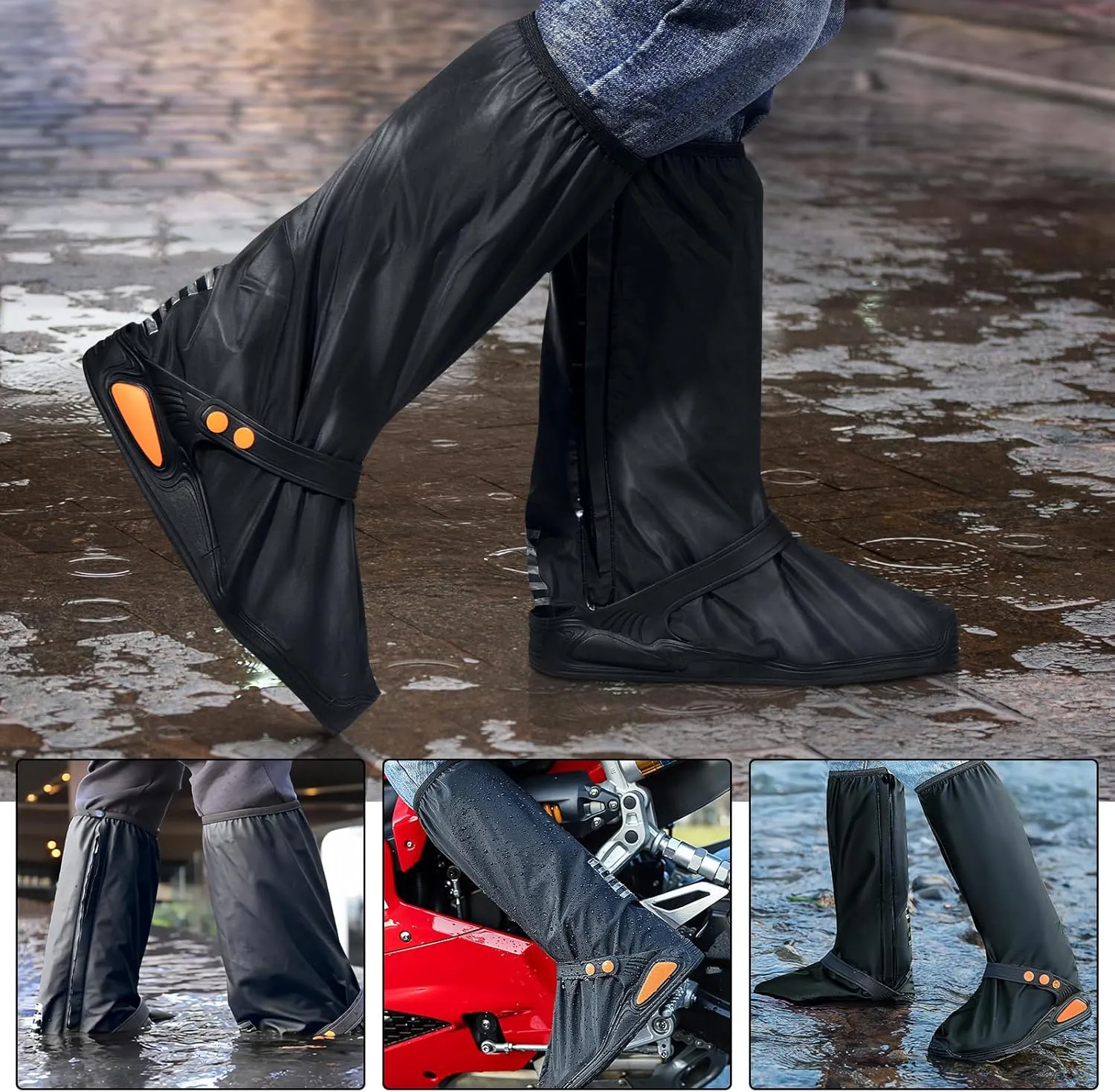 Waterproof Rain Boot Shoe Covers with Reflector, Reusable Non-Slip Rain Boot Shoe Covers for Women Men (Black, XX-Large)