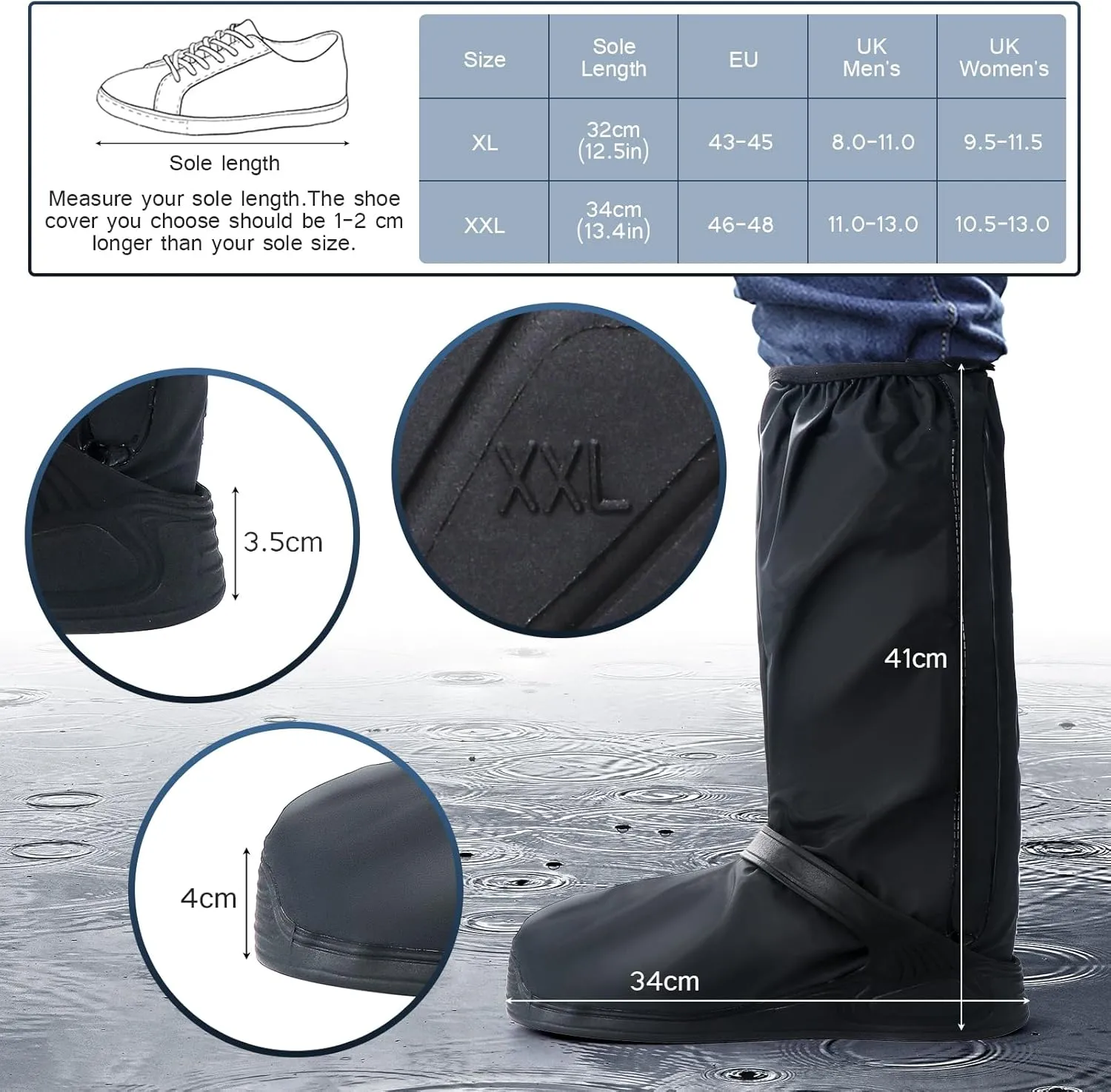 Waterproof Rain Boot Shoe Covers with Reflector, Reusable Non-Slip Rain Boot Shoe Covers for Women Men (Black, XX-Large)