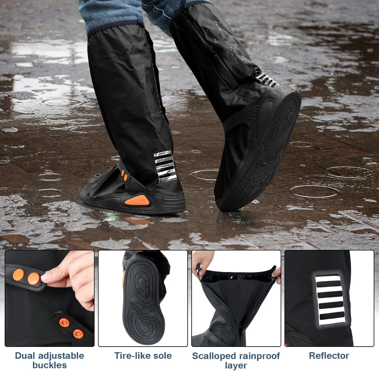 Waterproof Rain Boot Shoe Covers with Reflector, Reusable Non-Slip Rain Boot Shoe Covers for Women Men (Black, XX-Large)