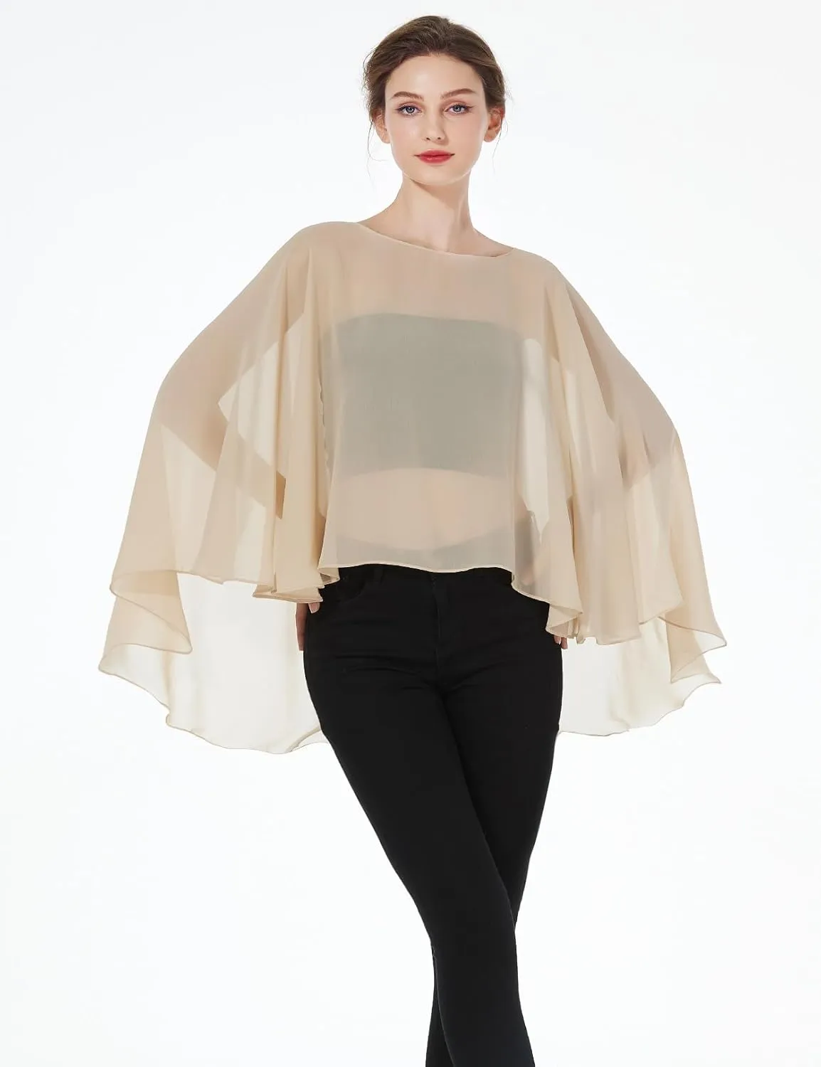 Women Poncho Cape High Low Chiffon Shawls Wraps Scarves Capelets for Evening Dress Bridal Wedding Party