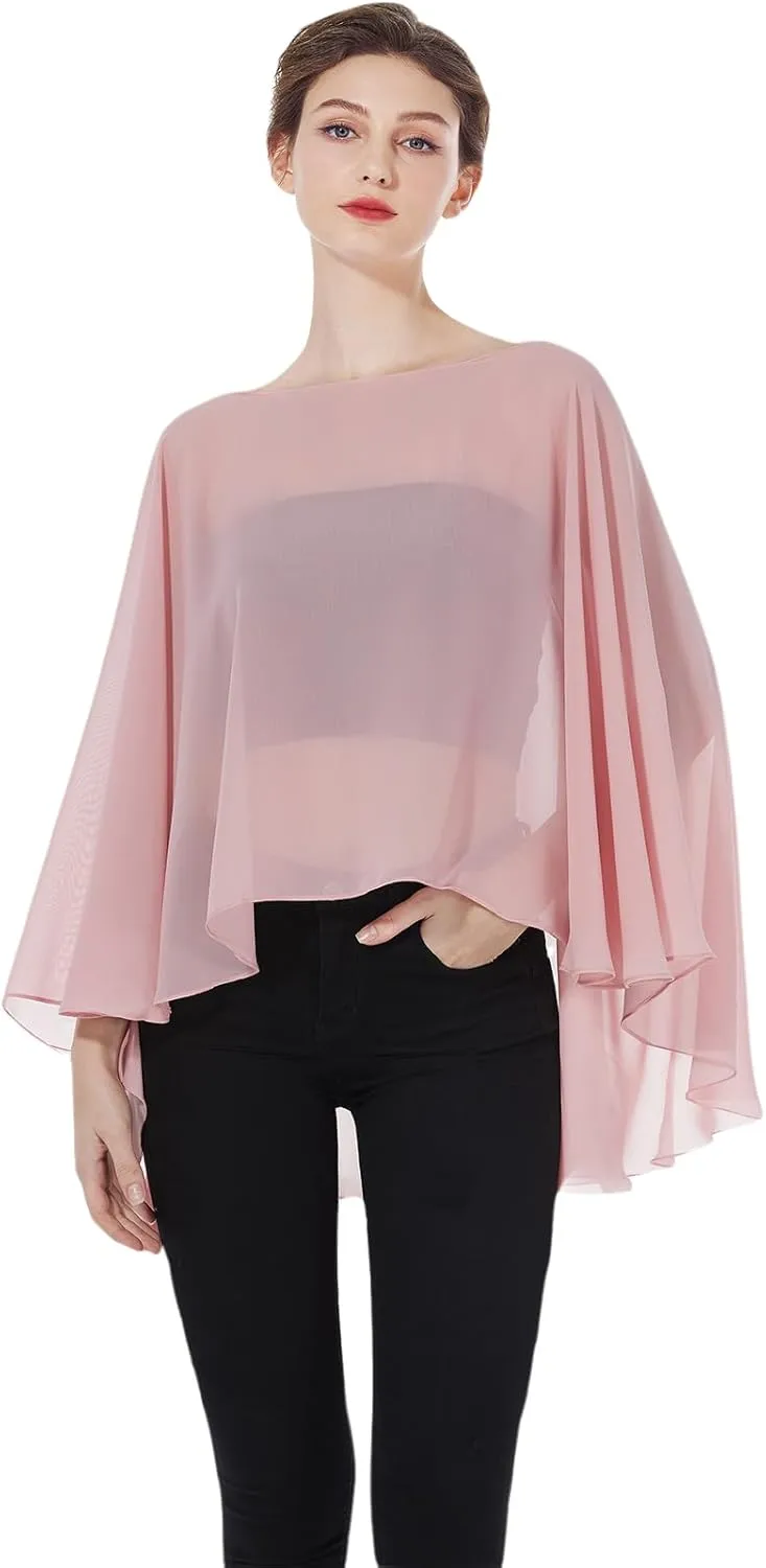Women Poncho Cape High Low Chiffon Shawls Wraps Scarves Capelets for Evening Dress Bridal Wedding Party